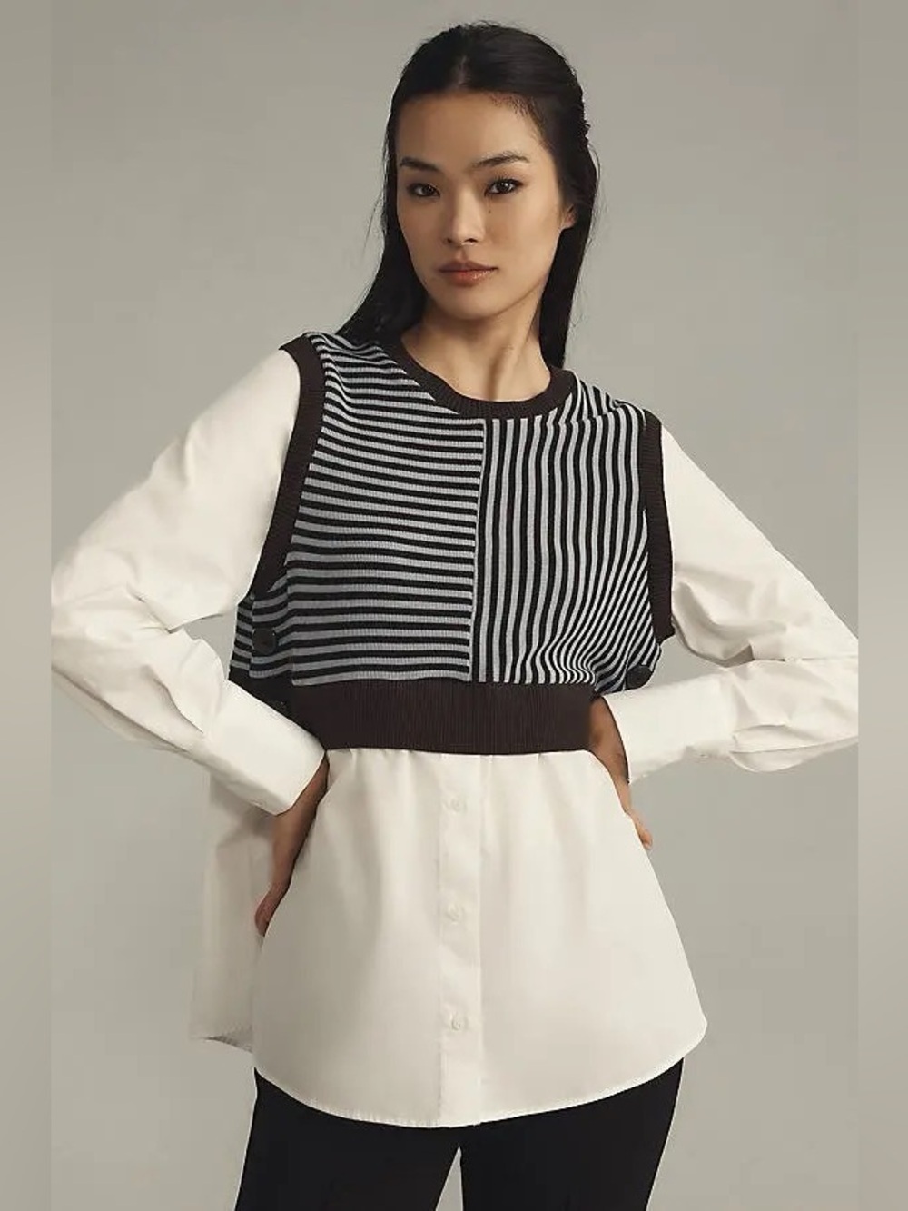 Anthropologie Maeve Long-Sleeve Len Twofer Sweater Vest Top Size M Stripe Preppy